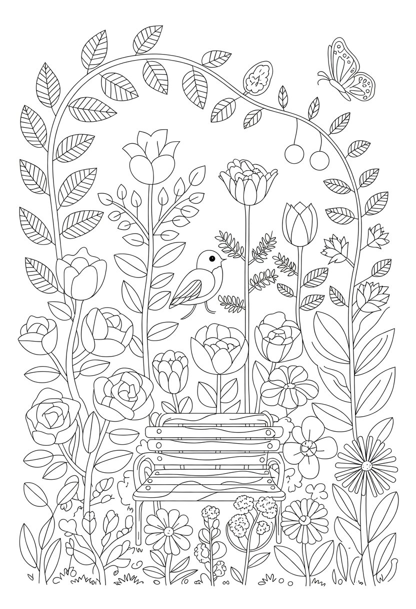 Coloring Pages Cute Ideas for Kids: 21 Engaging Designs to Inspire Creativity 40 A garden scene with flowers, plants, a wooden bench, a bird on a branch, and a butterfly.